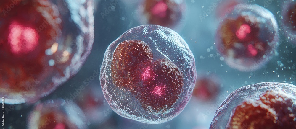 Poster 3d rendering of human cells with a microscopic view of stem cell structures