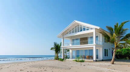 Fototapeta premium A beautiful villa stands by the beach, embracing the morning sun and ocean breeze