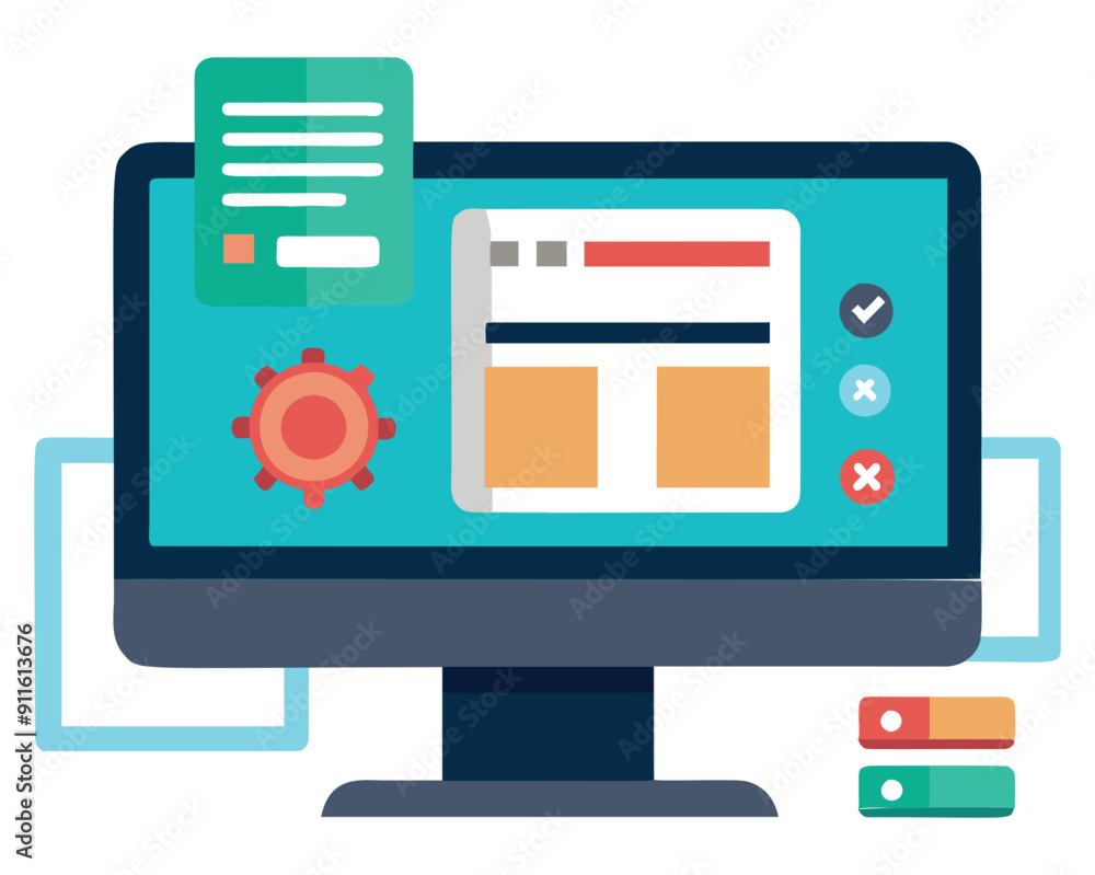 Poster computer monitor with website interface and settings. vector illustration