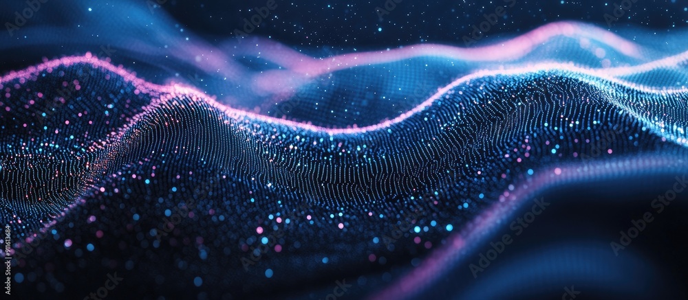 Poster abstract futuristic wave of dots and dynamic particles technology background showcasing 3d visualiza