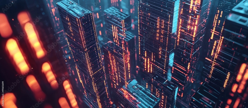 Aufkleber aerial animation of futuristic skyscrapers with digital numbers 3d render illustrating business and 