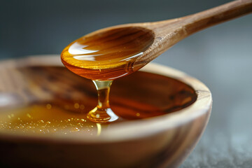 honey drips from ladle in wooden bowl
