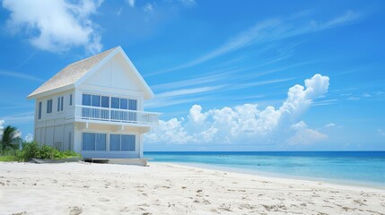 Fototapeta premium A serene beachfront house sits peacefully by the turquoise waves