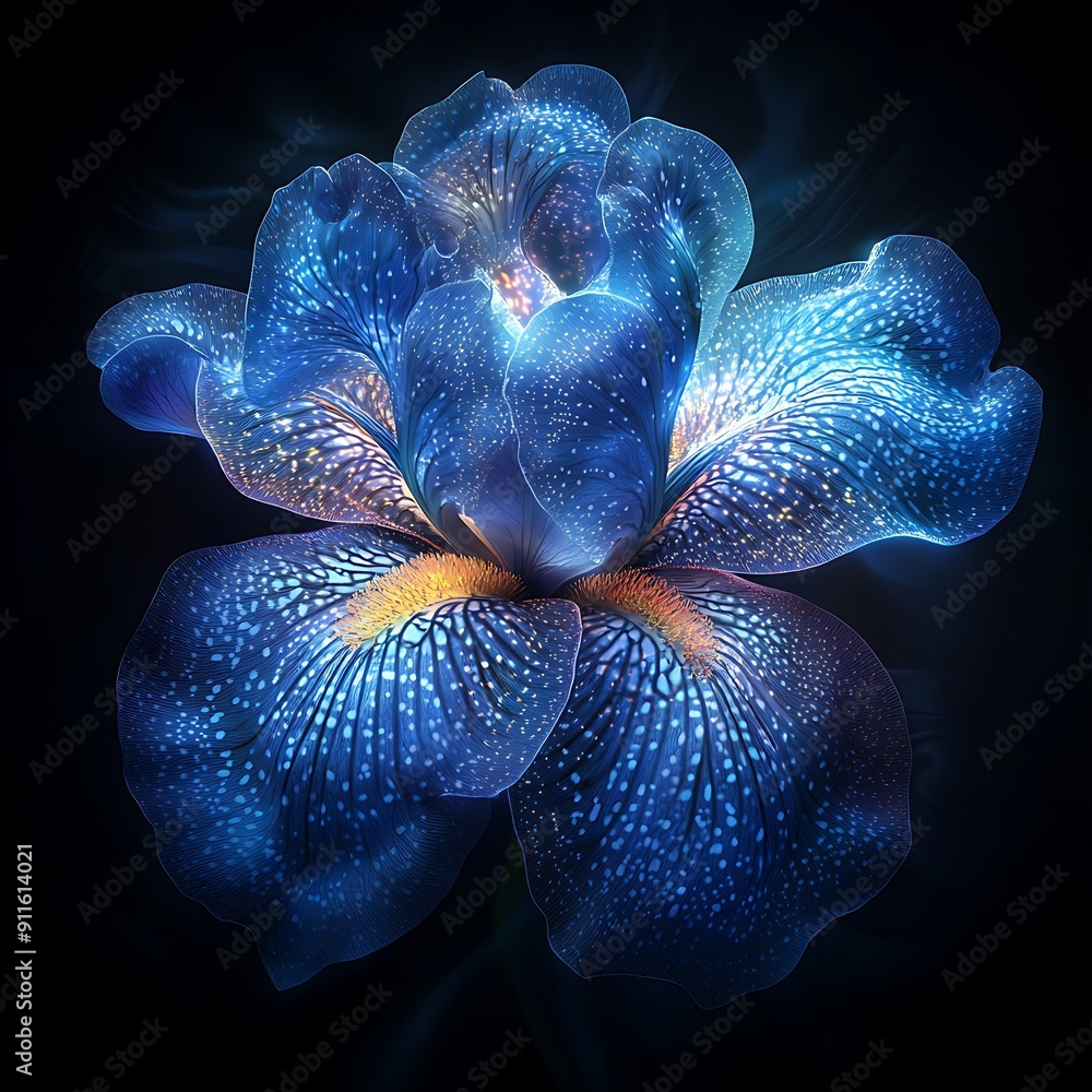 Poster enchanting blue iris illuminated in a glowing sphere - intricate petal patterns in c4d style illustr