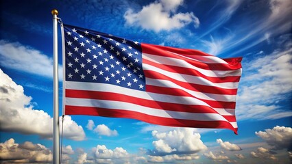 Fototapeta premium American Flag Waving in the Wind Against a Blue Sky with White Clouds, Flag, America , Patriotic , Symbol , National