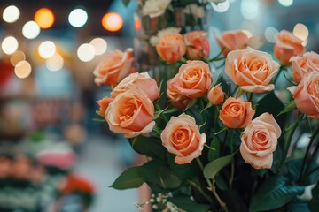 Fototapeta premium Bouquet of pink roses at florist flower shop with vibrant flowers on blurred floral background