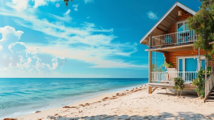 Fototapeta premium A cozy cottage stands by the gentle waves under a bright blue sky