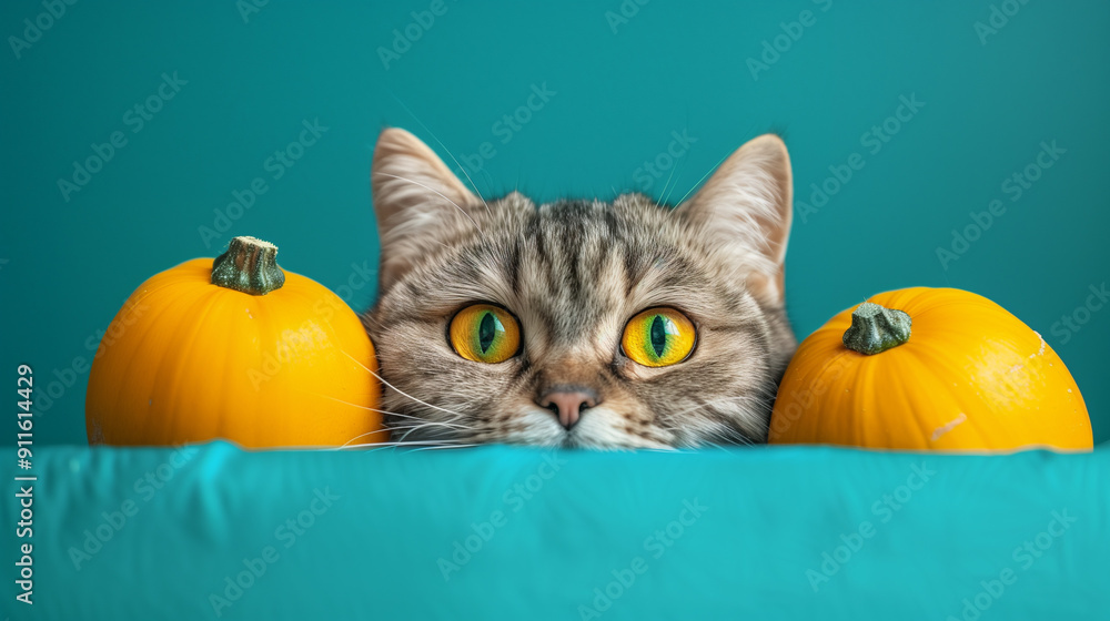 Wall mural Peeking cat with two yellow pumpkins on bright turquoise background