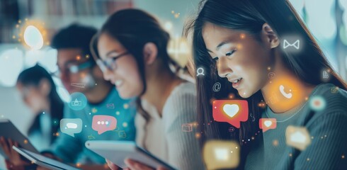 Diverse group of young adults using digital devices, interacting with social media icons, displaying modern communication, technology trends, and digital literacy in their techsavvy lifestyle
