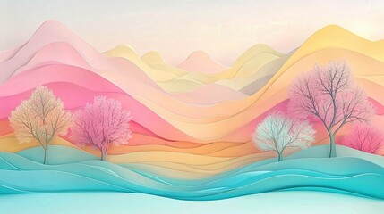 A serene landscape featuring soft, pastel mountains and delicate trees under a gentle sky, creating a peaceful ambiance of nature.