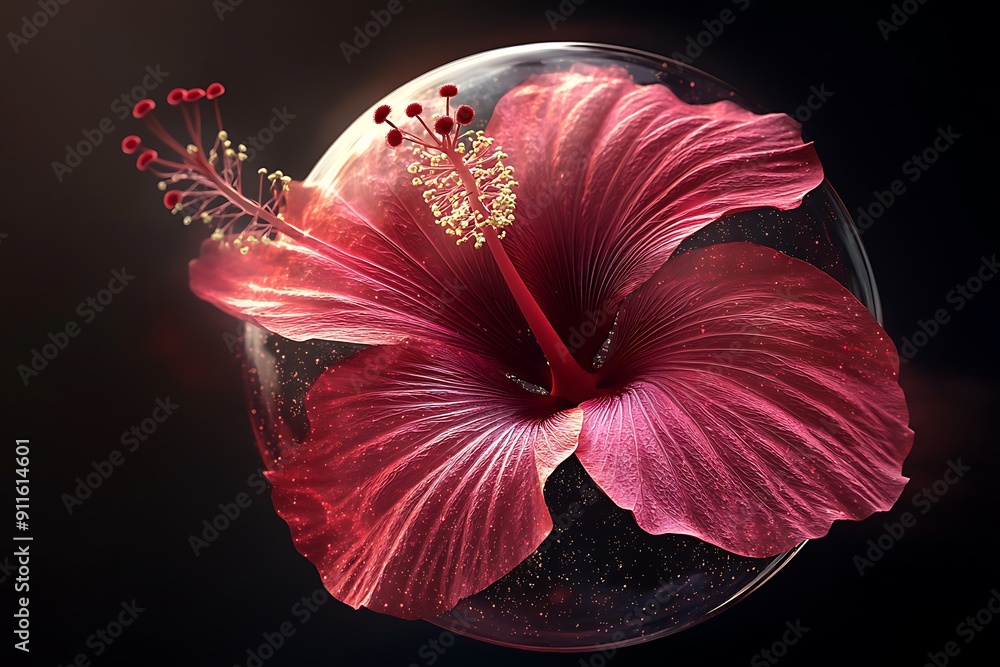 Poster enchanting crimson hibiscus bloom in transparent orb illuminated with soft light - 3d rendered illus
