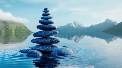 Obraz premium A serene stack of smooth blue stones on calm water, with mountains and a clear sky creating a peaceful natural landscape.