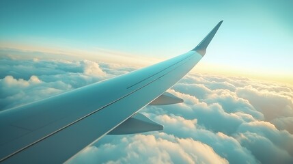 Obraz premium A serene view from an airplane wing, showcasing fluffy clouds beneath a clear blue sky, illuminated by warm sunlight during a peaceful flight