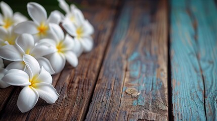 Fototapeta premium A wooden table with white frangipani flowers on the left and copy space on the right. Banner with negative space on the theme of vacation, spa, yoga and wellness