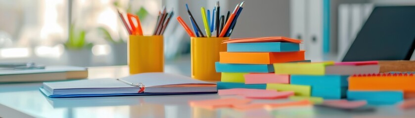 Fototapeta premium A vibrant workspace featuring colorful sticky notes, an open notebook, and an organized pencil holder, reflecting creativity and productivity