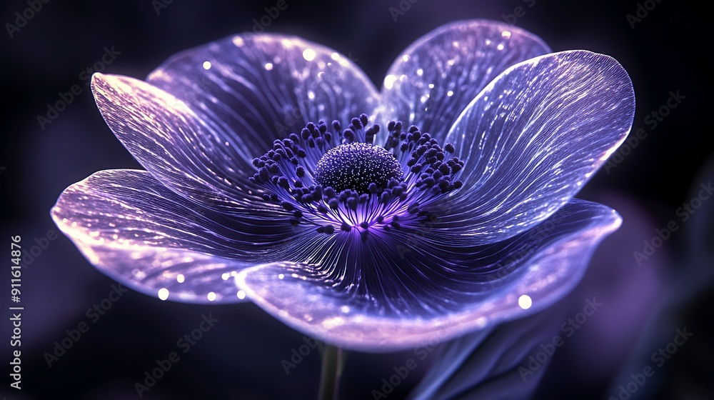 Poster radiant violet anemone in glowing orb - intricate c4d style illustration with delicate petal pattern