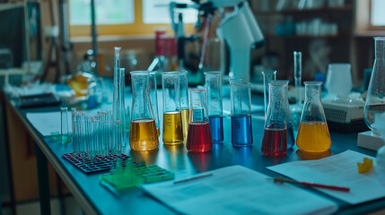 test tubes with different liquids on table in laboratory