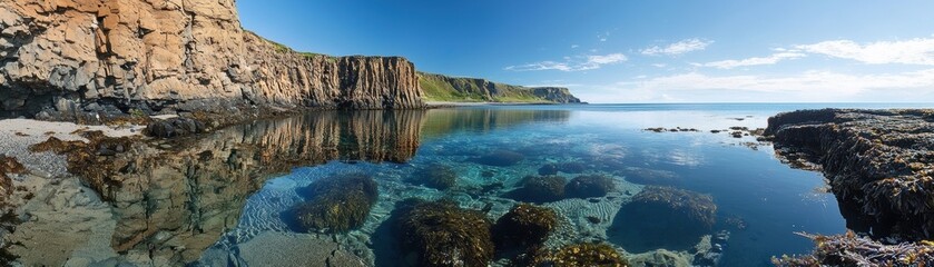 A stunning coastal landscape featuring rocky cliffs and clear turquoise waters under a bright blue sky, reflecting the serene beauty of nature
