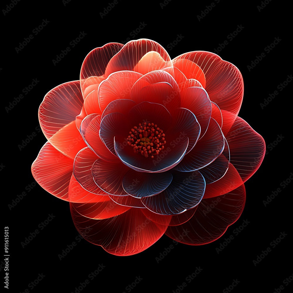 Poster radiant red camellia illustration with bright core and intricate petal patterns in c4d style