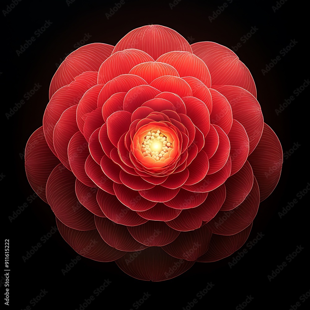 Poster radiant red camellia illuminated in c4d style with intricate patterns - illustration of a unique flo