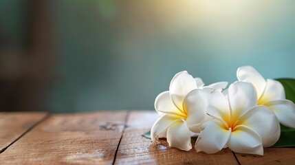 Naklejka premium A wooden table with white frangipani flowers on the left and copy space on the right. Banner with negative space on the theme of vacation, spa, yoga and wellness