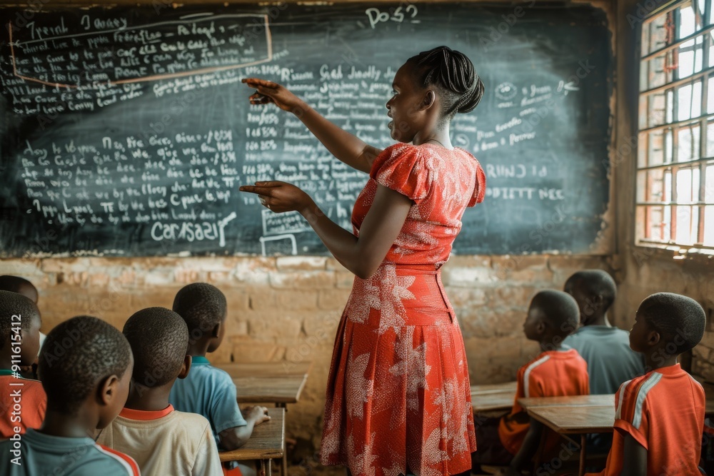 Poster in a typical educational institution, a teacher uses a blackboard to teach students in a classroom. 