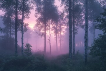 Fototapeta premium A serene forest scene shrouded in fog at dawn, with birch trees silhouetted against a soft, colorful sky, creating a tranquil and mystical atmosphere