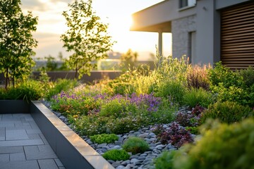 Obraz premium A serene garden landscape at sunset, featuring vibrant flowers, lush greenery, and modern architecture, creating a tranquil outdoor space