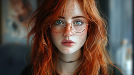 Beautiful young woman with red hair and glasses