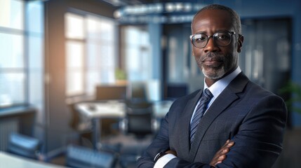 Fototapeta premium businessman corporate portrait in office, mature black middle aged manager business man