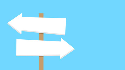 Wooden  signpost with two blank directional arrows pointing left and right on a blue background. Two directions road sign indicating two different and opposite paths.