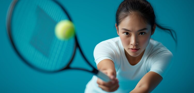 Focused female tennis player hitting a ball with a racket against a blue background, showcasing intensity and athleticism.