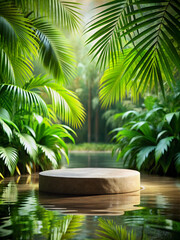 Obraz premium Tropical rainforest background, circular exhibition platform over water
