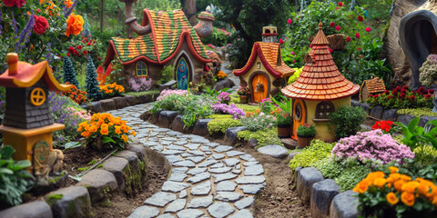 Obraz premium Whimsical garden with winding paths, colorful flowers, and fairy-tale inspired decorations like miniature houses and gnome statues.