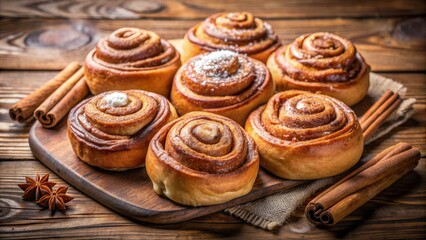 Fototapeta premium Cinnamon Rolls on a Wooden Board, Sweet Treat, Pastry, Cinnamon, Baking