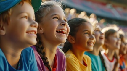 Group of happy children watching together a sports event in the stadium