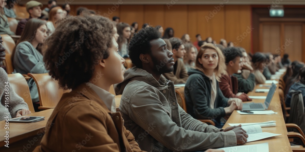 Aufkleber In a university lecture hall, a diverse group of modern students attentively listens to the professor. They engage in notetaking and intellectual discussion, creating a vibrant learning environment