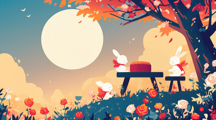 Naklejka premium Little rabbits are eating a moon cake in the garden during the Mid-Autumn Festival. There is a big moon in the sky. Traditional chinese festival.