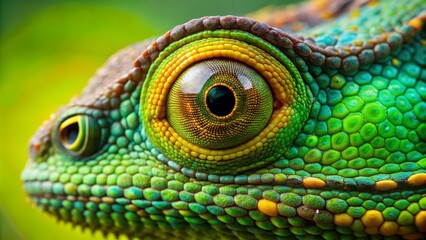 Fototapeta premium Close-up of a Green Lizard's Eye with Detailed Scales, Macro Photography, Reptile, Wildlife, Nature, Lizard, Eye