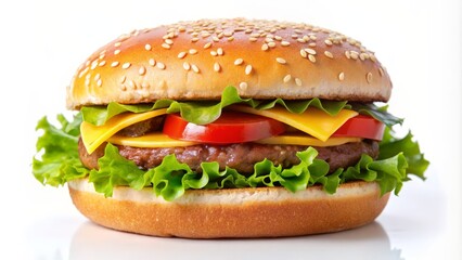 Close-up of a Juicy Cheeseburger with Sesame Seed Bun, Lettuce, Tomato, and Cheese, Food Photography, Burger, Fast Food