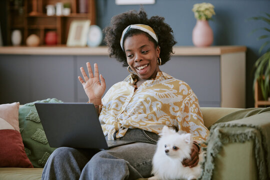 Woman smiling and waving excitedly during video call while holding small dog on lap. Minimalist living room background with cozy ambiance