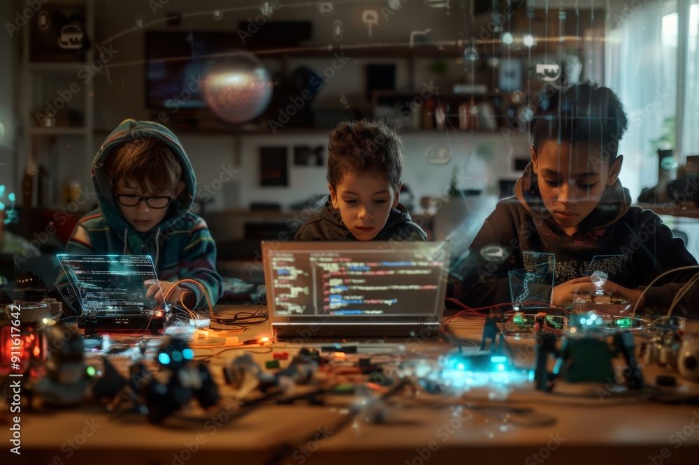 Poster Young Innovators Kids in futuristic tech projects. They explore digital interfaces, teamwork, coding, problemsolving, fostering creativity and collaboration in science, technology