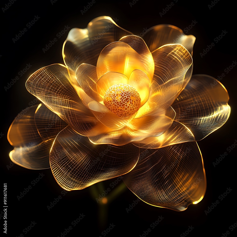 Poster ethereal glow - yellow gardenia encased in transparent orb with intricate petal patterns on dark bac