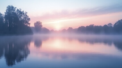 Obraz premium Ethereal scene of mist swirling over tranquil waters at dawn, creating a captivating atmosphere