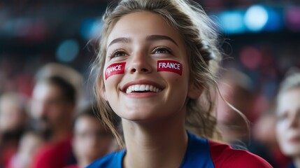 Excited female sports fan with face paint and French flag at a stadium, cheering for her team during a game.