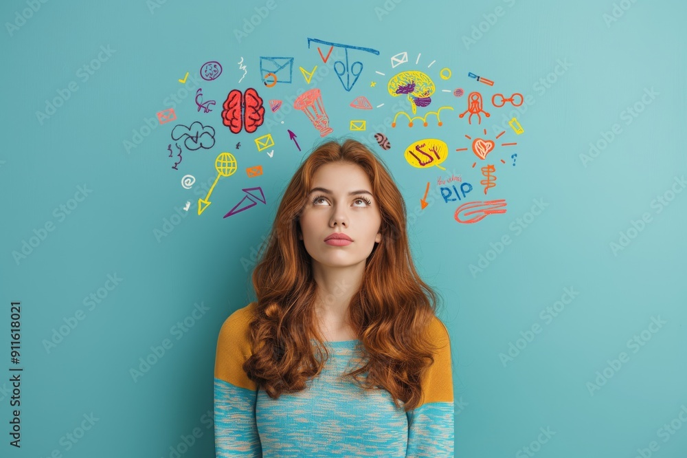 Poster in the image, a creatively engaged woman is surrounded by colorful illustrations on a blue backdrop,