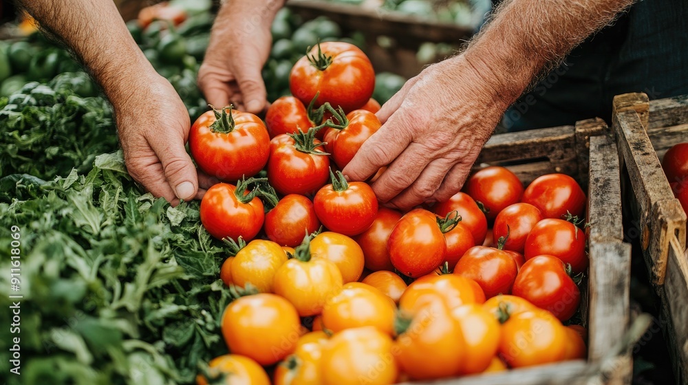 Wall mural greengrocer holding branch of fresh red tomatoes at market stall