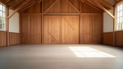 Spacious Empty Wooden Barn Interior with Sunlight Streaming Through Windows, Featuring Rustic Wooden Walls, High Ceilings, and Sliding Barn Doors