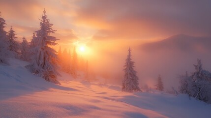 Sun shining above a valley of fog covered by snow and frozen trees