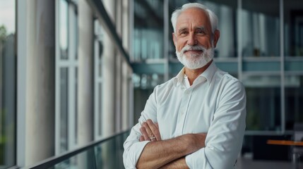 Obraz premium Portrait of successful senior businessman consultant folding arms looking at camera and smiling inside modern office building